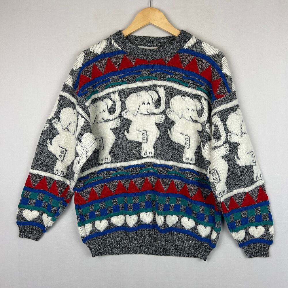 Rose Vintage Dancing Elephants Knit Sweater Made in USA Crew Neck Men's Size L